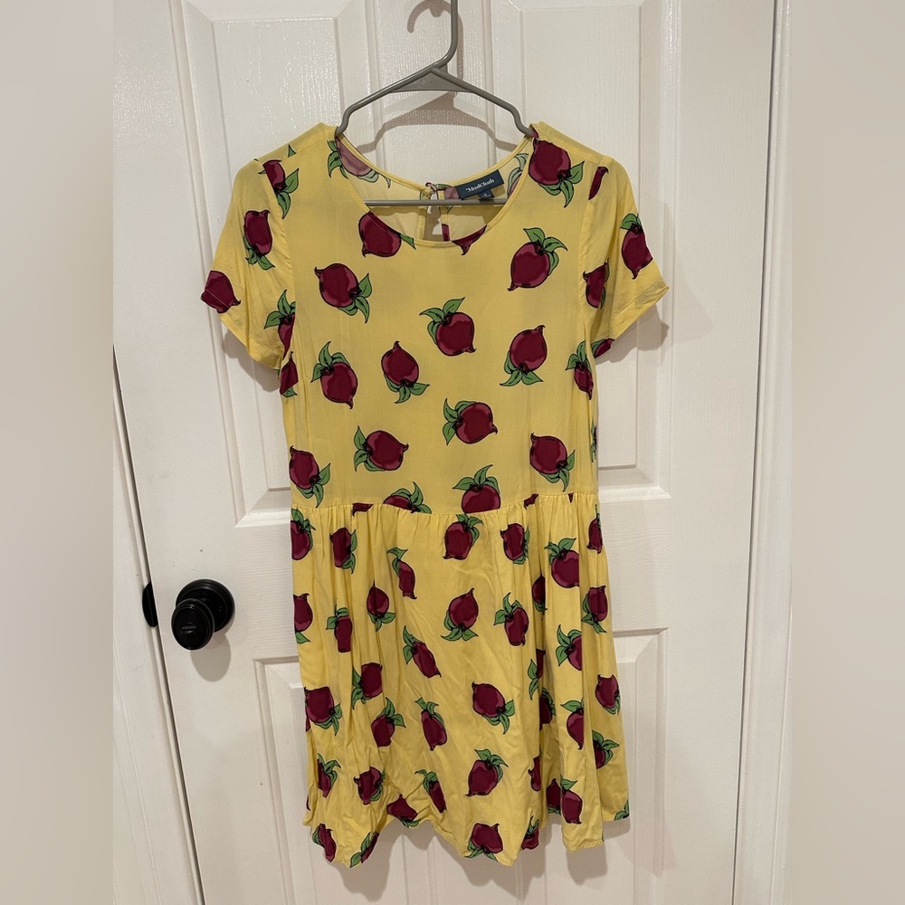 Modcloth Yellow Shift Mini Dress with Beat Vegetable Print